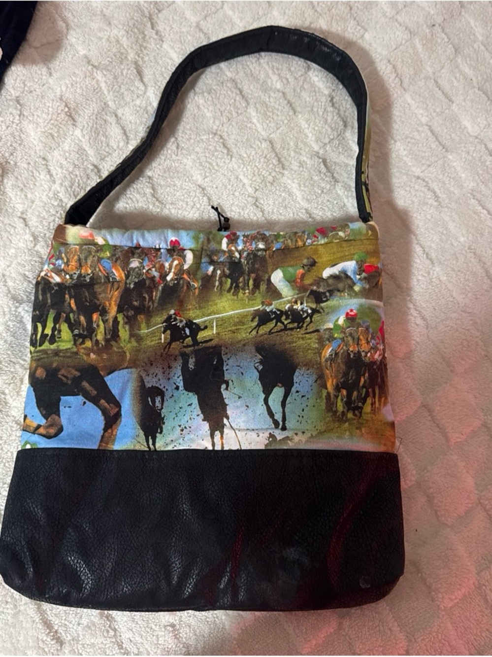 Abstract Horse Racing Print Shoulder Bag in Black and Multicolor